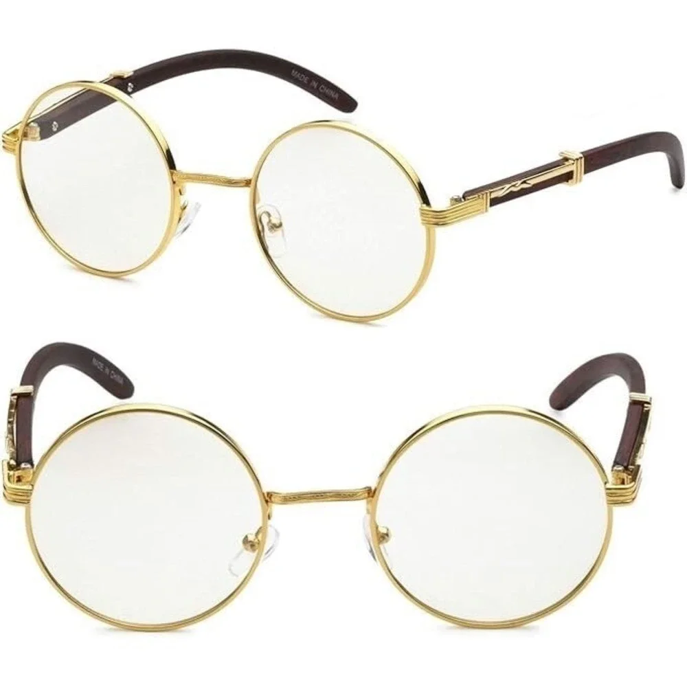 Round Glasses Gold Frame Wood Accent Clear Lens‎ Men's Fashion Hip Hop Festival